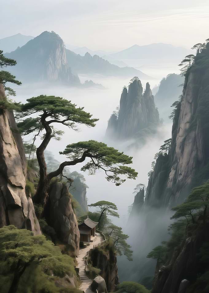 Misty Mountain Landscape with Asian Temple