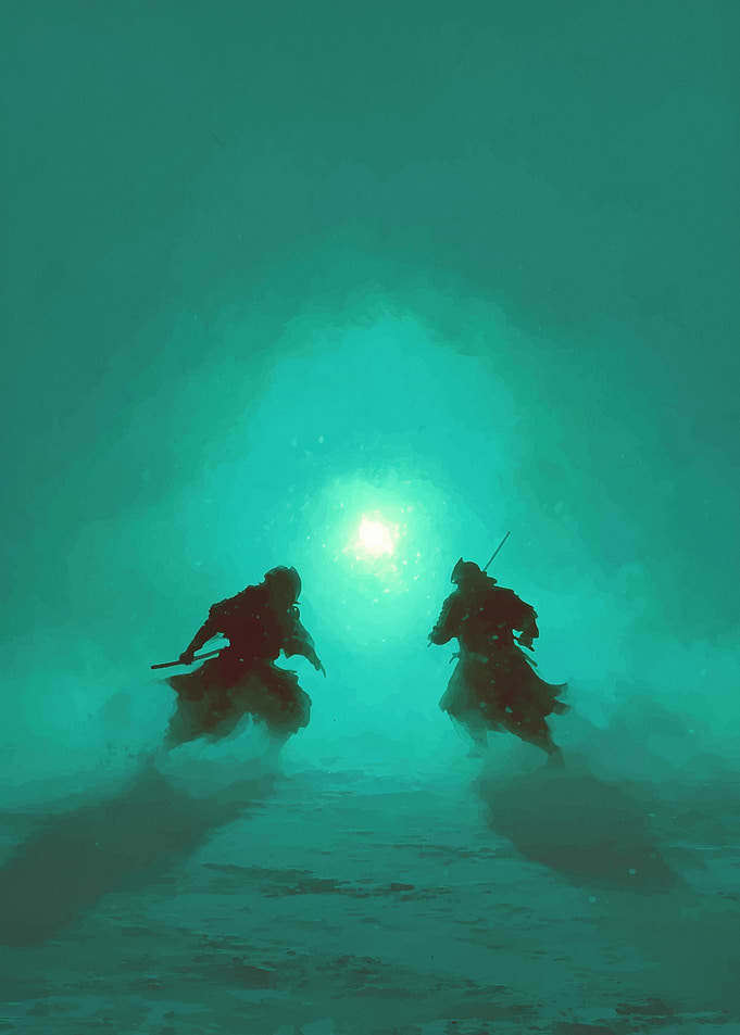 Samurai Duel in Teal Mist