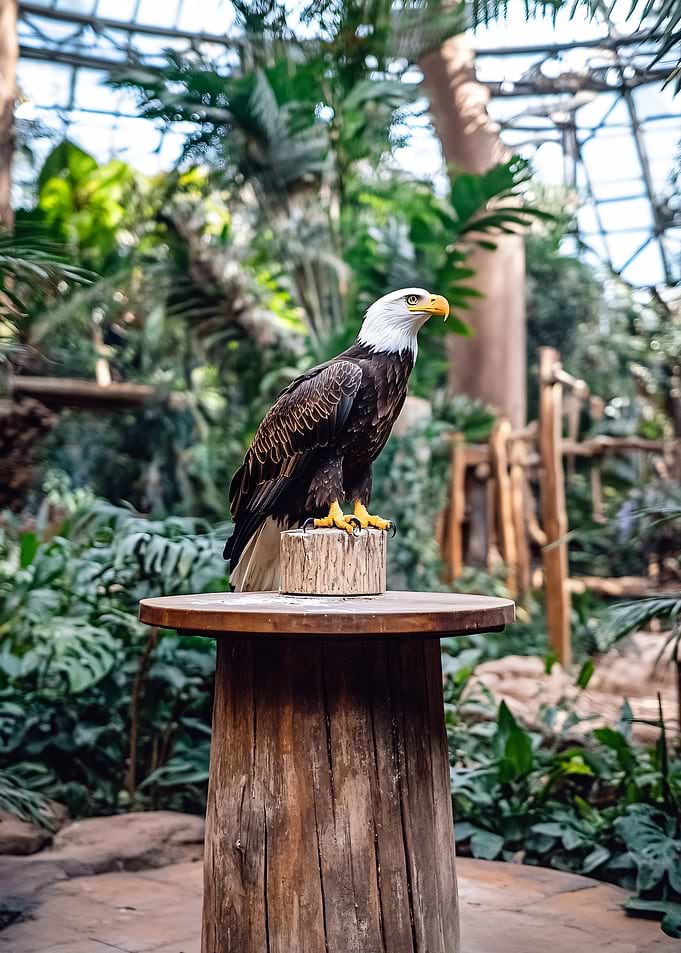 Bald Eagle Perched on Wooden Stand