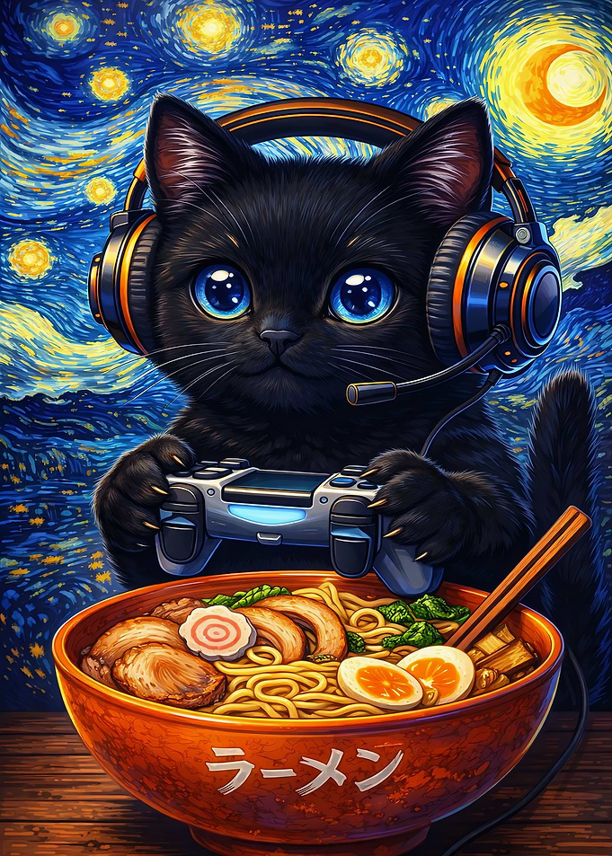 Gamer Cat with Ramen in Starry Night