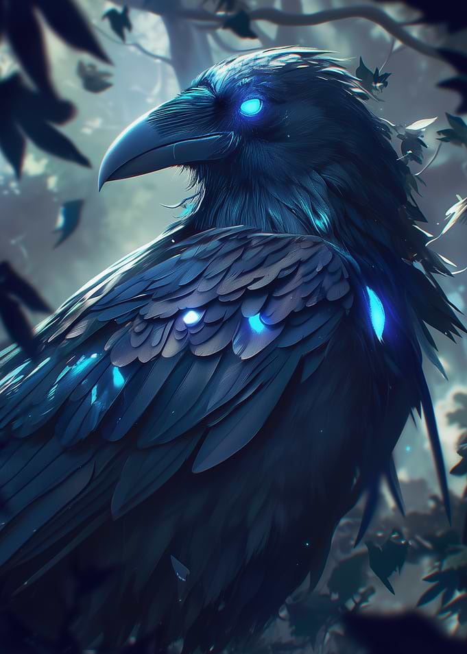 Dark Wood Collection: Mystical Raven with Glowing Eyes