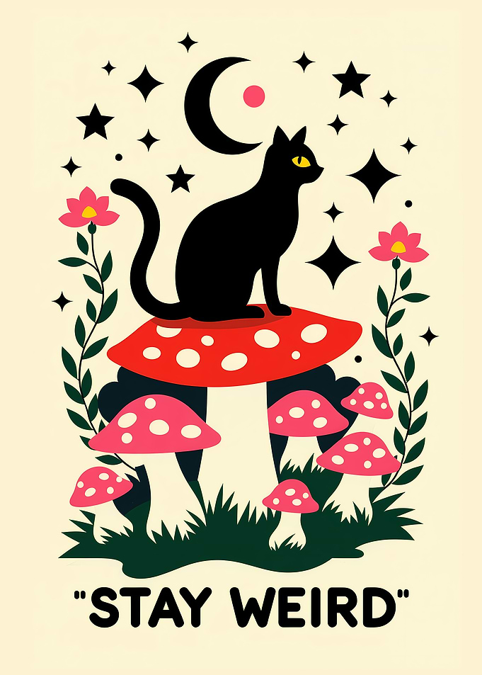 Black Cat on Mushroom - Stay Weird