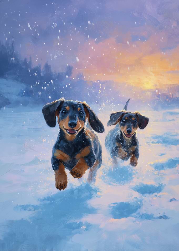 Dachshunds playing in the snow