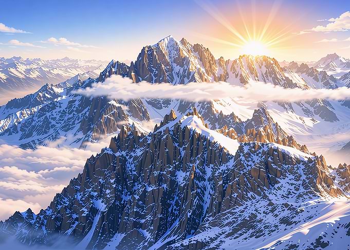 Snowy Mountain Peaks at Sunrise