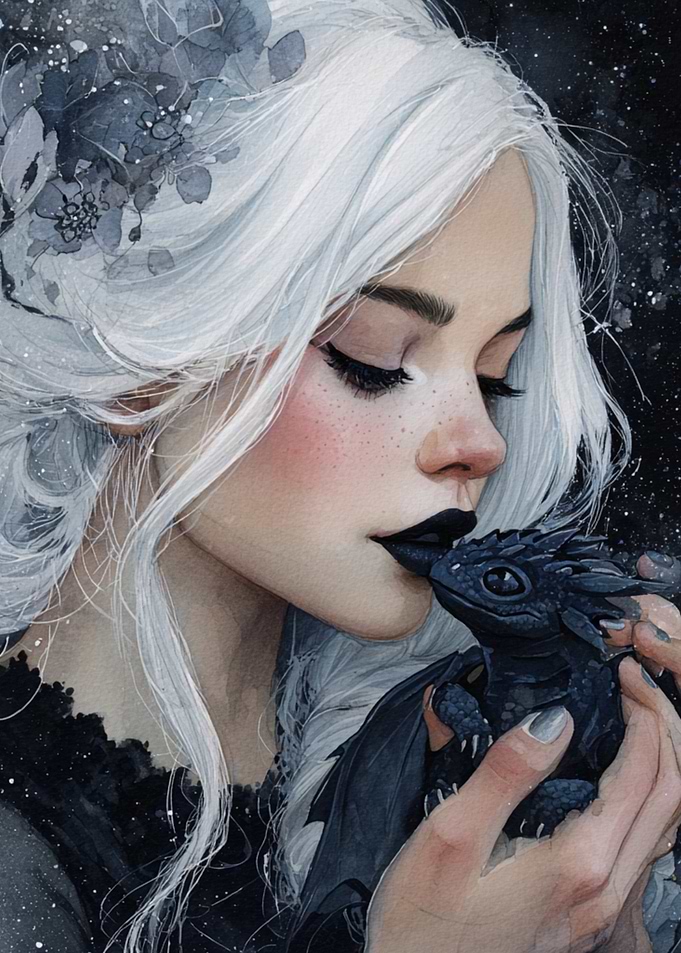 Girl with Dragon Watercolor Painting