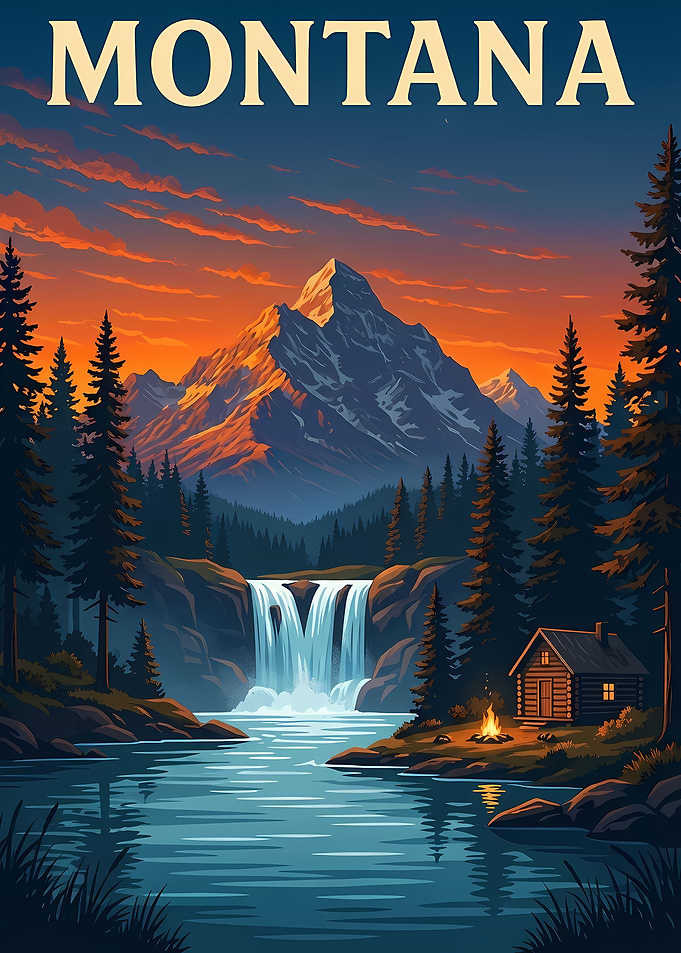 Montana Landscape with Cabin and Waterfall