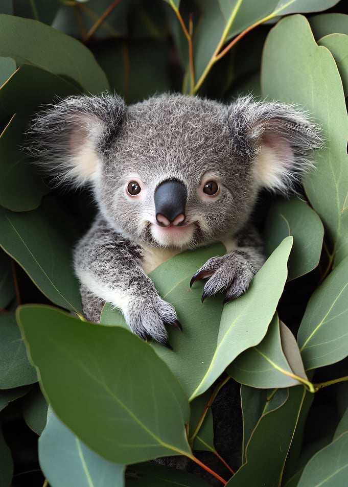 Cute Koala in Eucalyptus Leaves