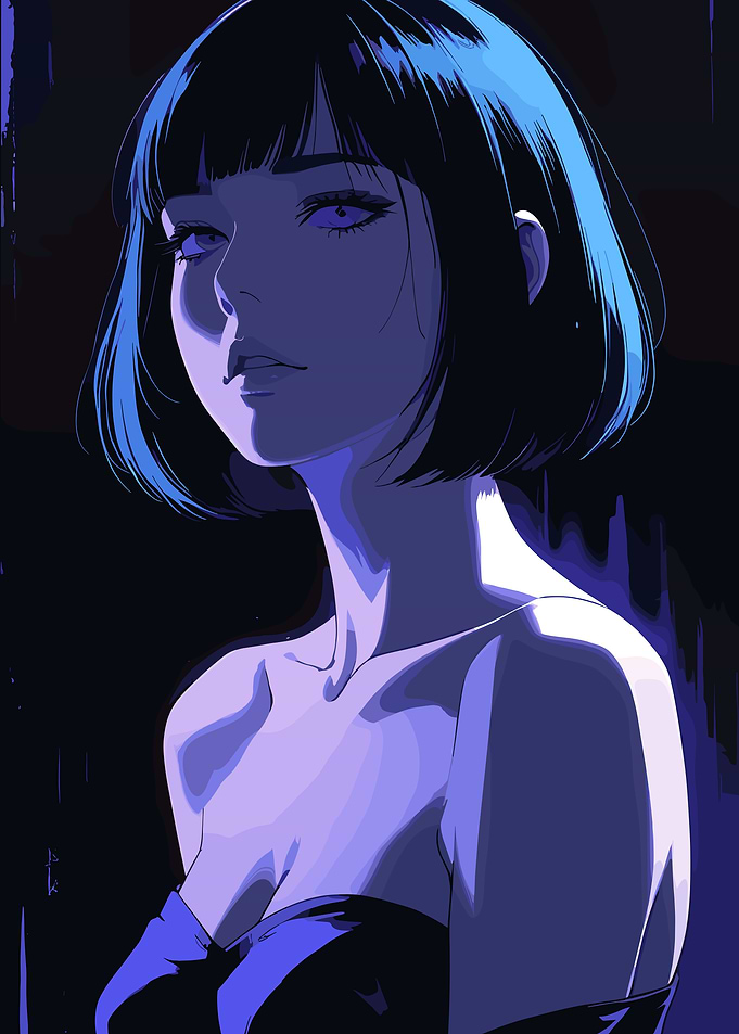 Anime Girl Portrait in Blue Tones