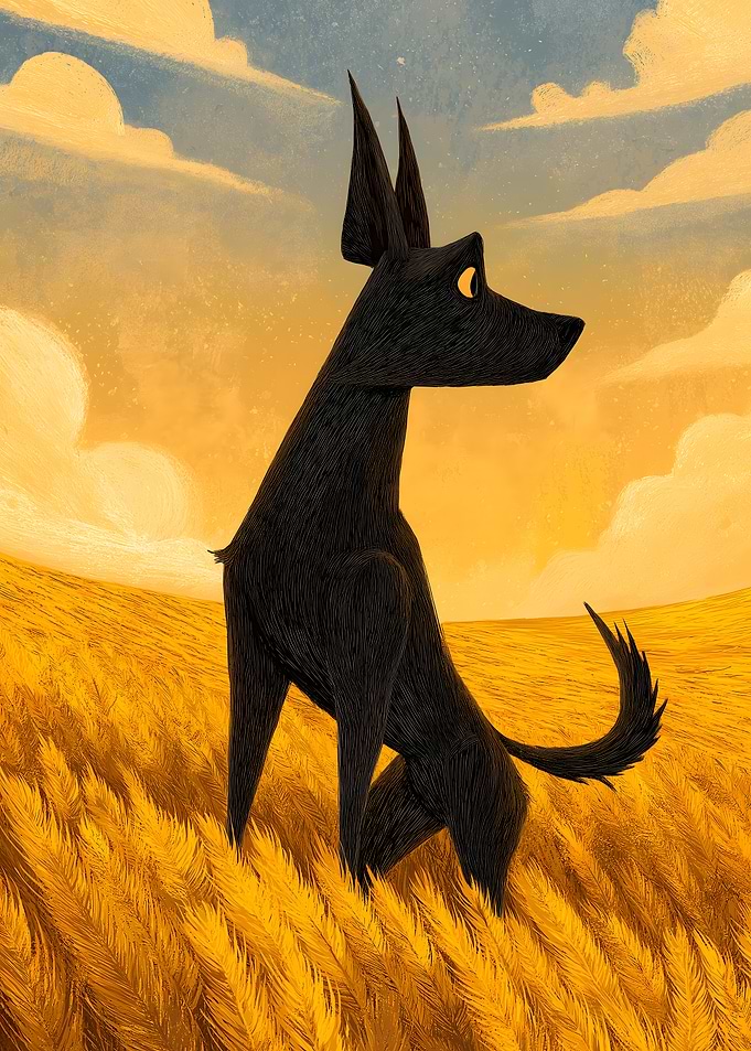 Black Dog in Golden Field