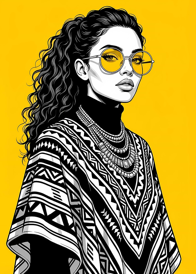 Chic Woman in Patterned Poncho