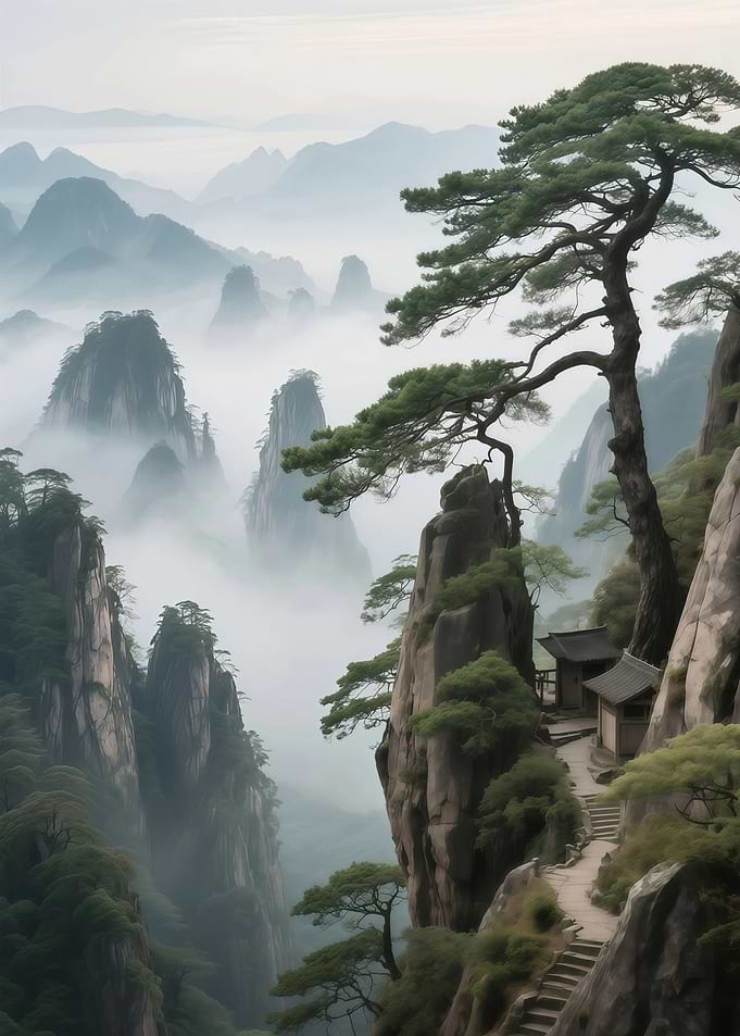 Misty Mountain Landscape with Temple