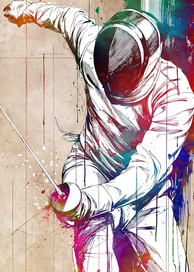 Fencer in Action Watercolor Art