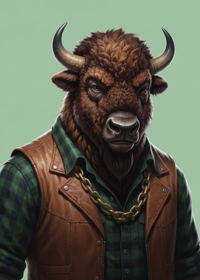 Anthropomorphic Buffalo Portrait with Leather Vest