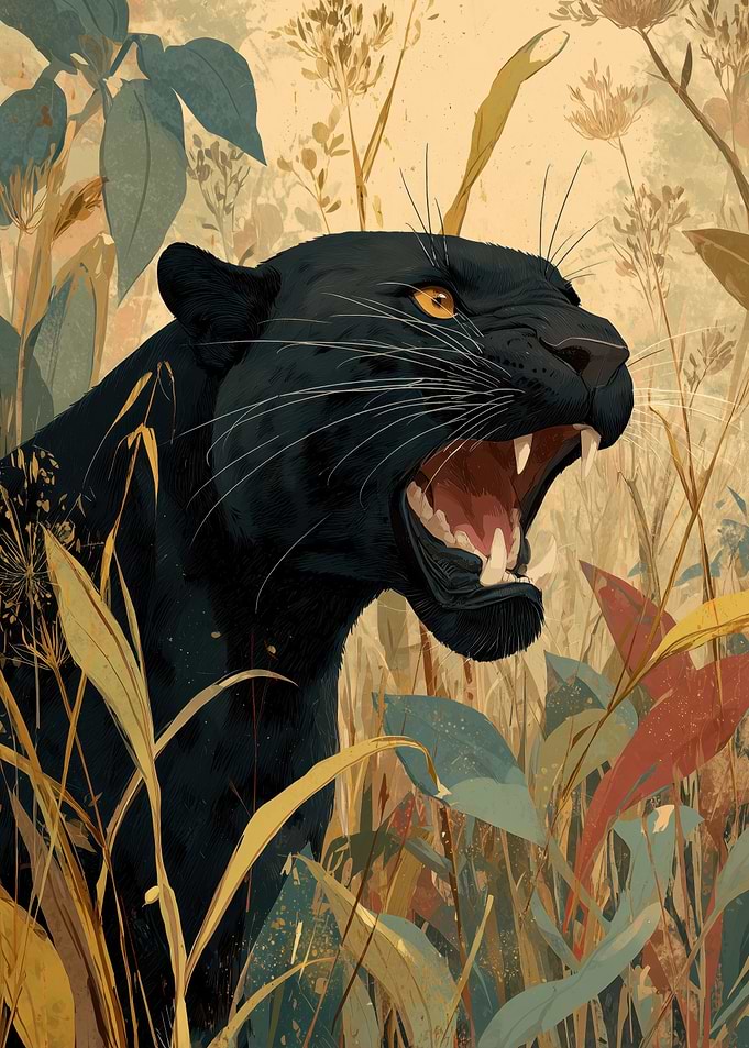 Roaring Black Panther in Tall Grass