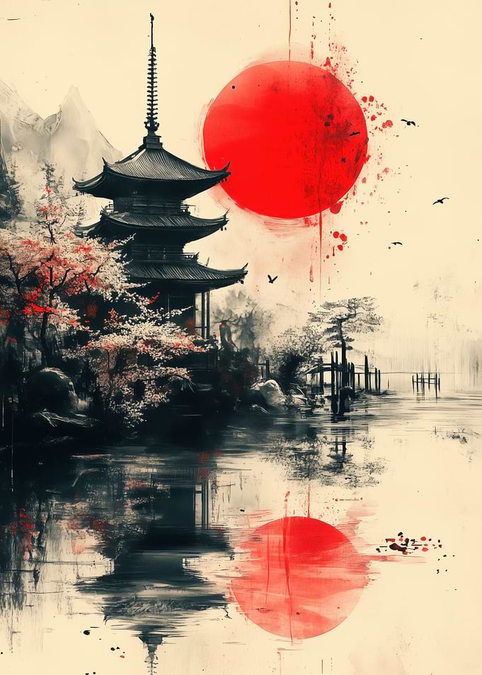 Japanese Pagoda with Rising Sun