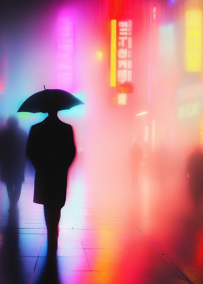 Neon Cityscape with Silhouetted Figure