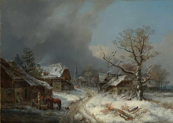 Winter Village Scene Painting