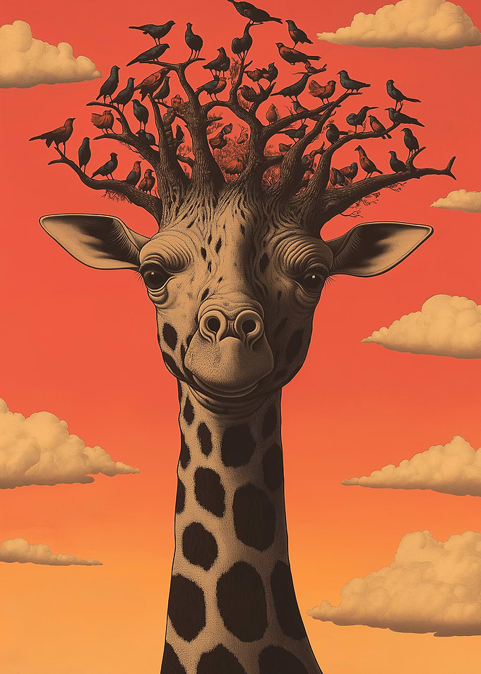 Giraffe with Tree and Birds