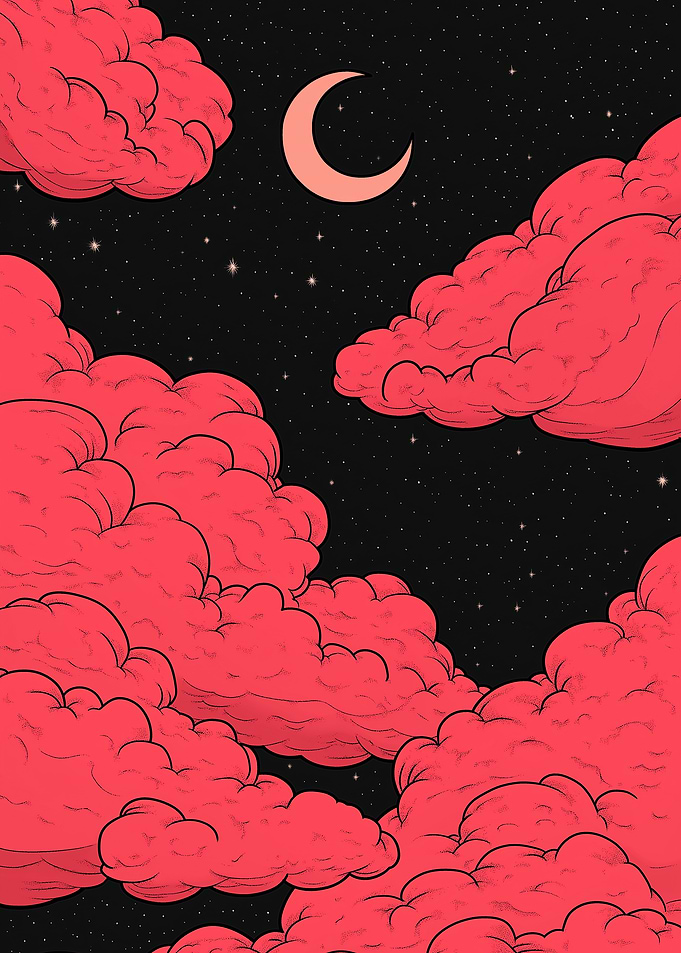 Red Clouds and Crescent Moon