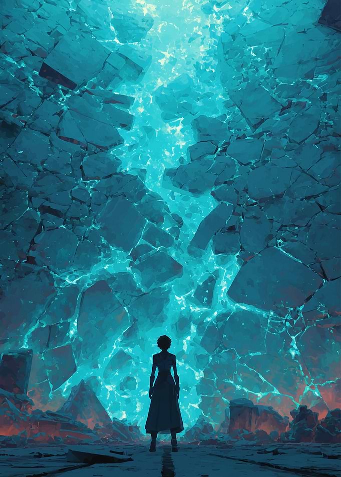 Figure Before a Glowing Rock Formation
