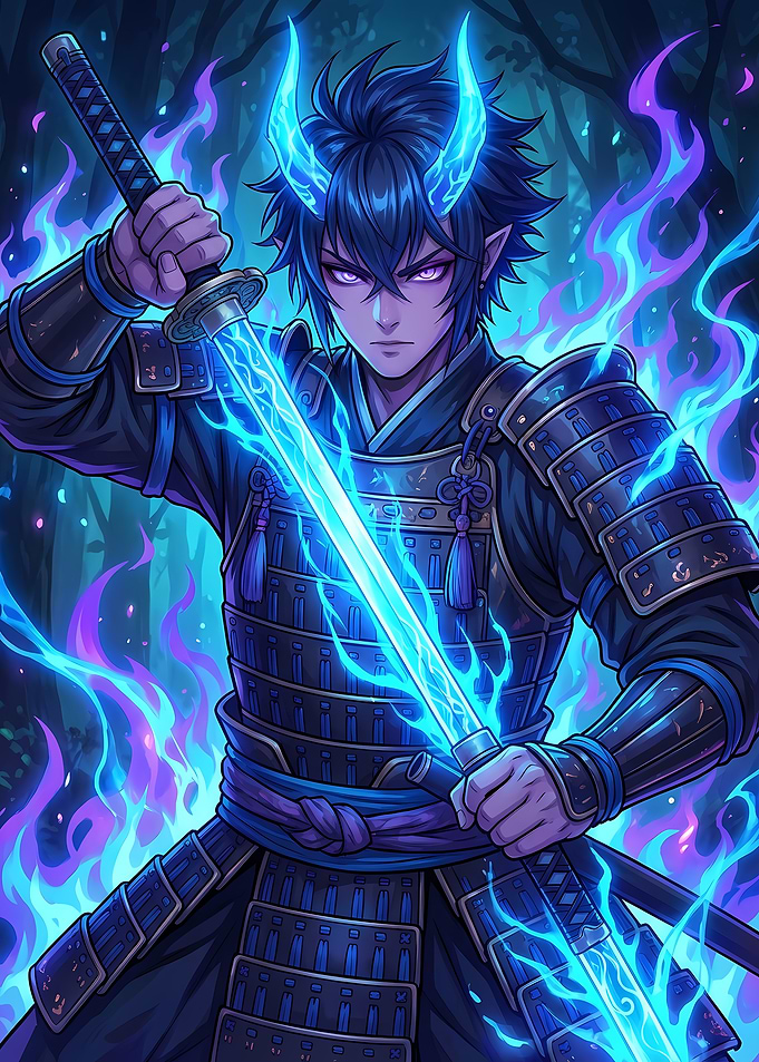 Anime Demon Warrior with Electric Sword