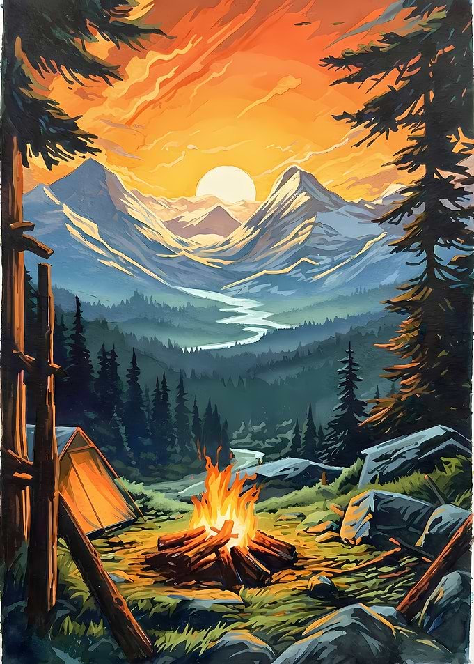 Camping in the Mountains at Sunset