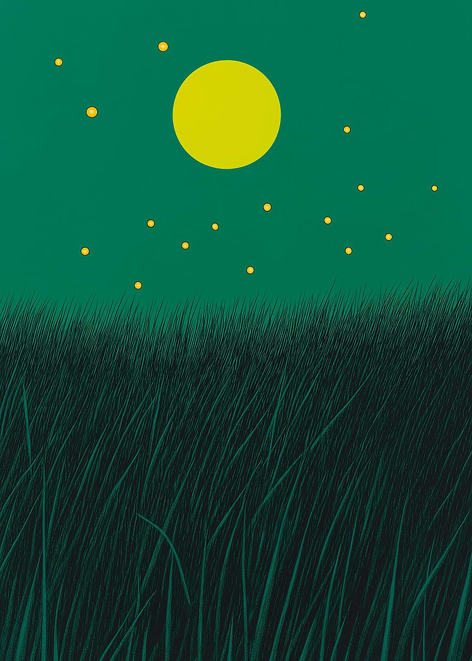Night Meadow with Moon and Fireflies