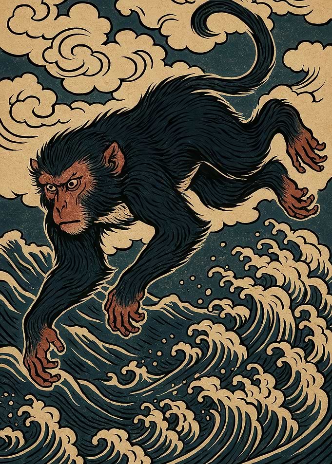 Monkey shio leaping over waves and clouds