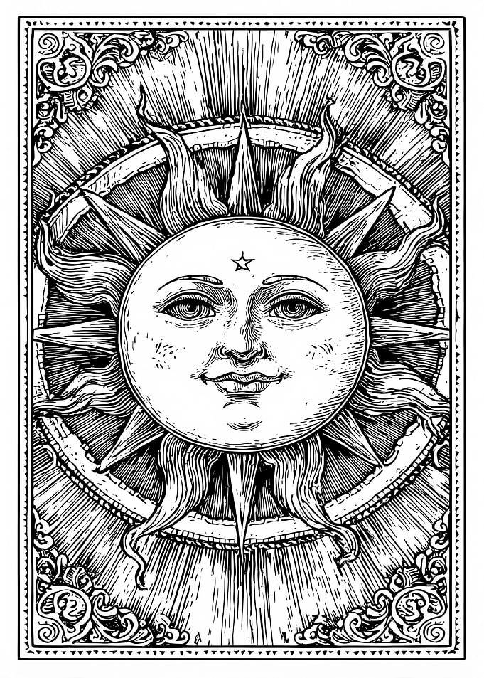Engraved Sun Face Illustration
