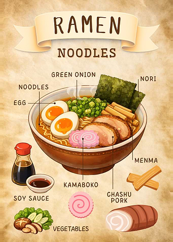 Ramen Noodles Illustration with Ingredients