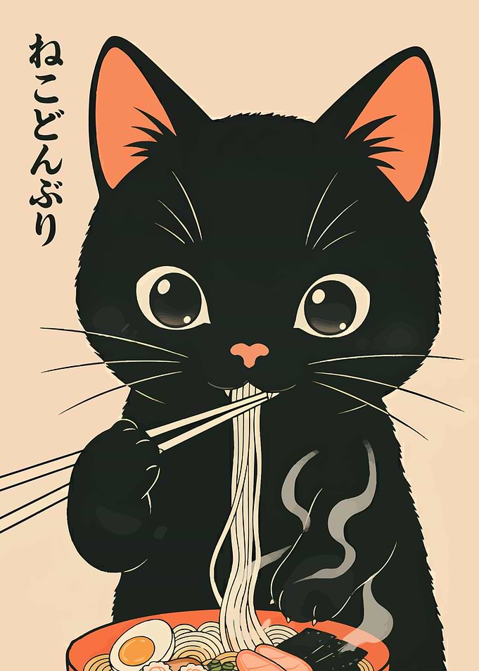 Black Cat Eating Ramen