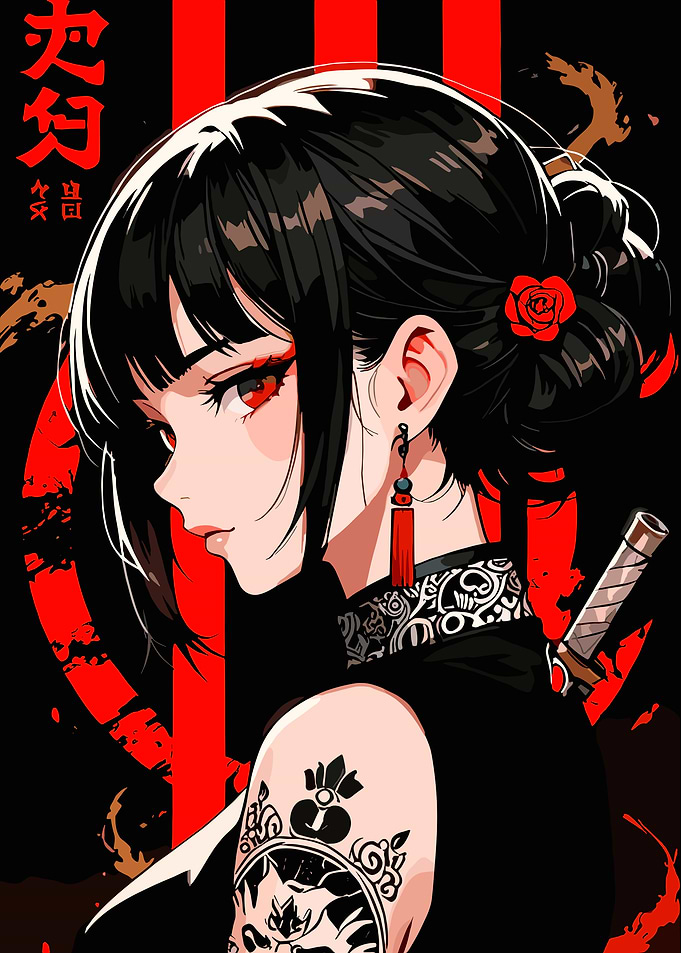 Anime Girl with Sword and Tattoos