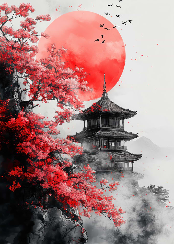 Japanese Pagoda with Cherry Blossoms