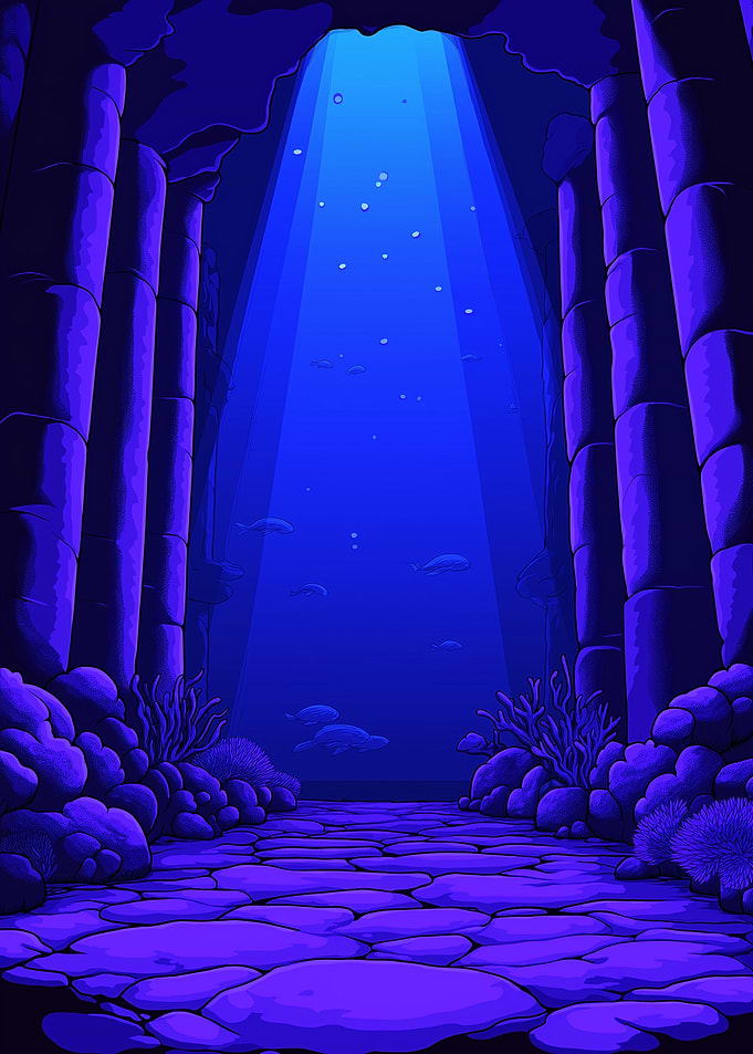 Underwater Ruins with Fish and Light