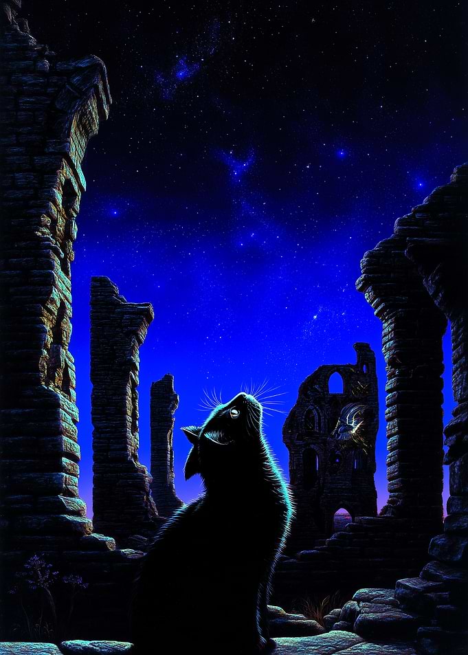 Black Cat Howling at Starry Night