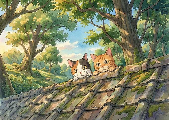 Curious Kittens on Mossy Roof