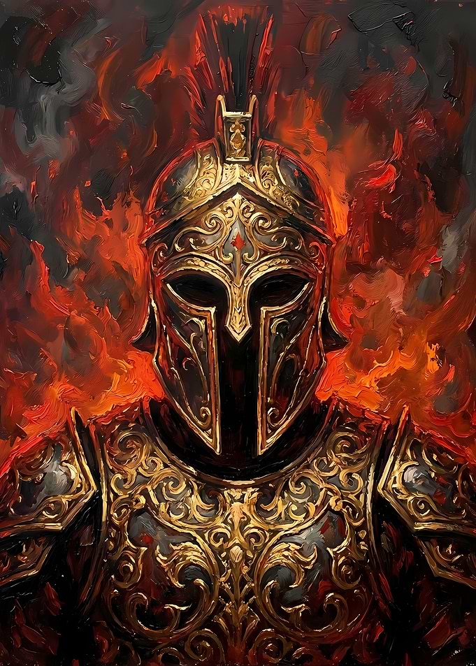 Ornate Warrior Helmet in Fiery Backdrop