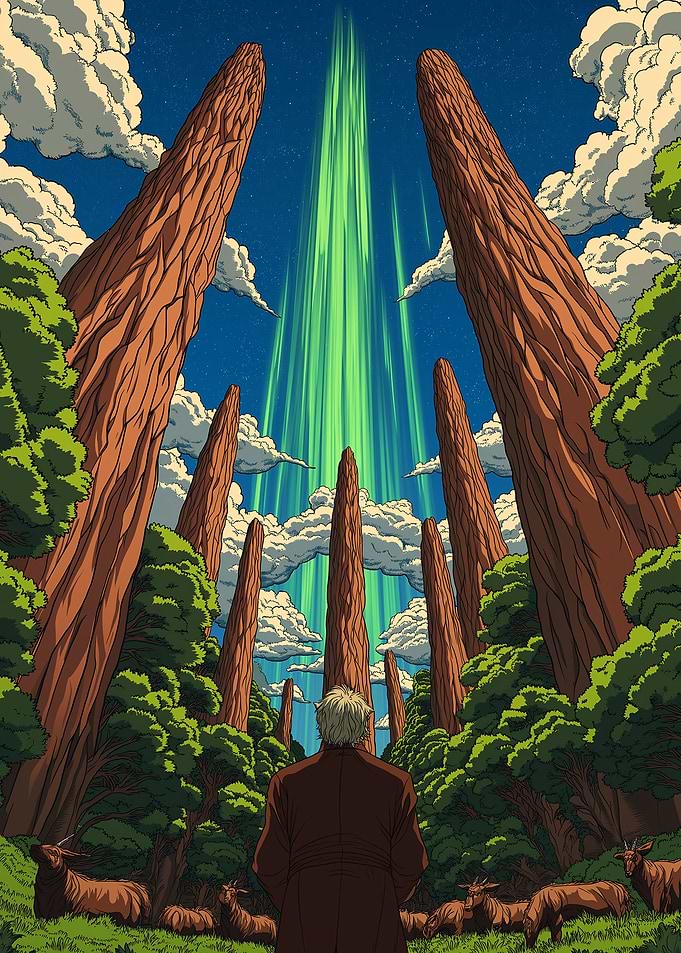 Mystical Forest with Green Light Beams