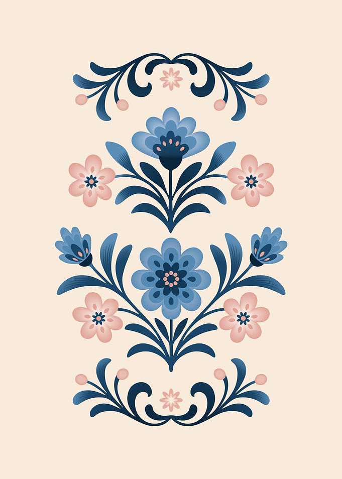 Floral Ornament in Blue and Pink