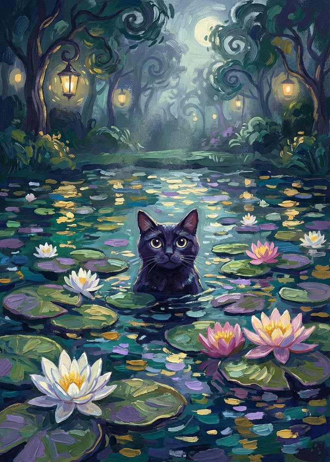 Moonlit Lily Pond Guardian Cat