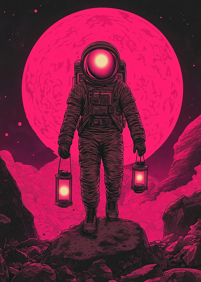 Astronaut with Lanterns on Alien Planet
