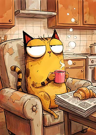 Cartoon Cat Relaxing with Coffee