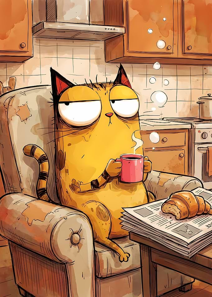Cartoon Cat Relaxing with Coffee