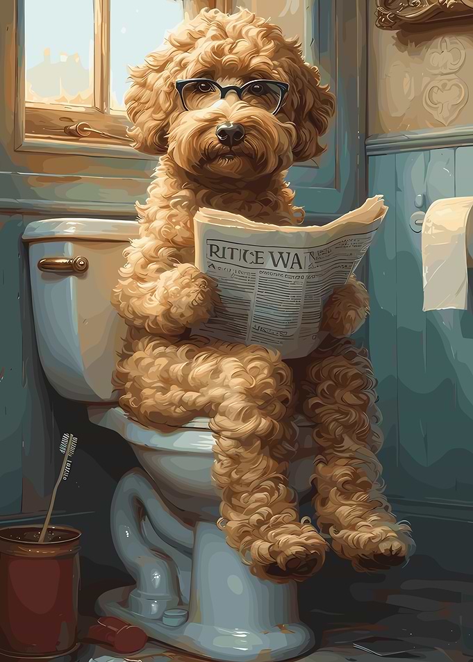 Dog Reading Newspaper on Toilet