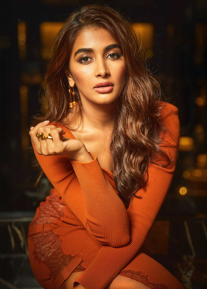 Pooja Hegde Portrait in Orange Dress