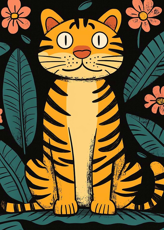 Cartoon Tiger with Floral Background