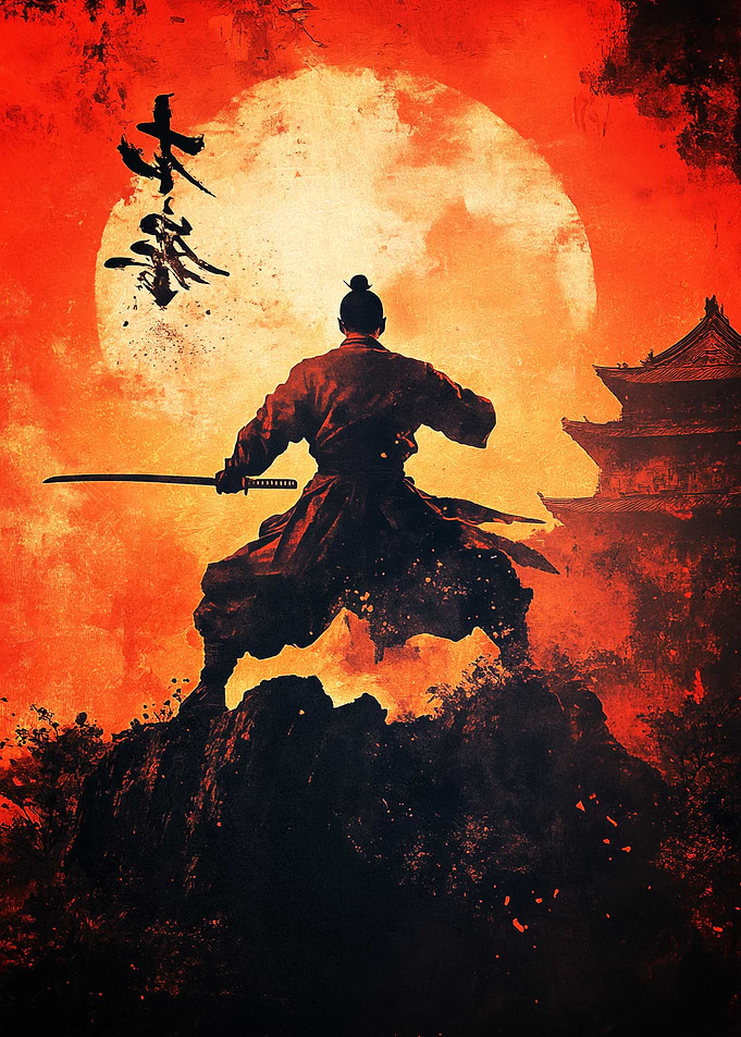 Samurai Warrior with Sword and Temple