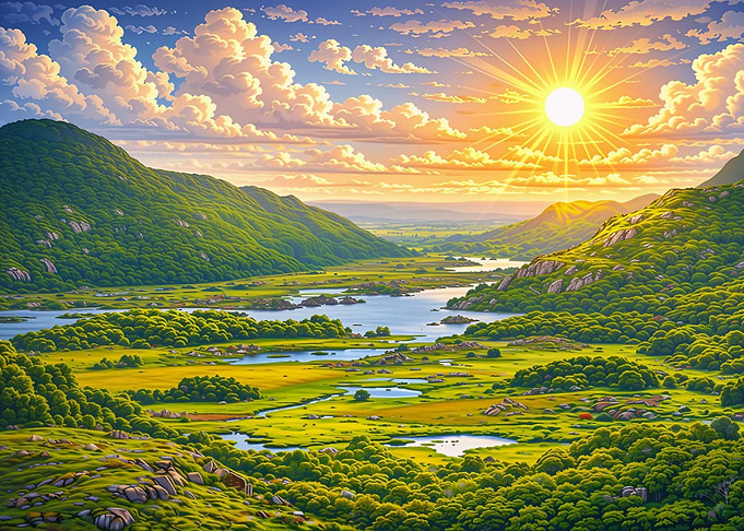 Lush Green Valley at Sunset
