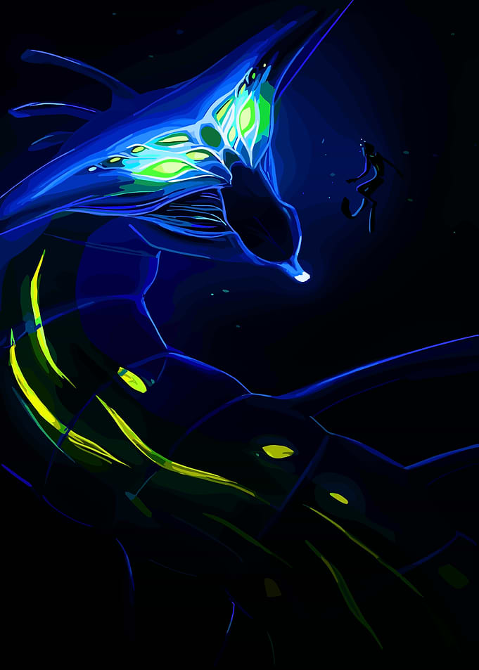 Leviathan and Diver in Dark Ocean