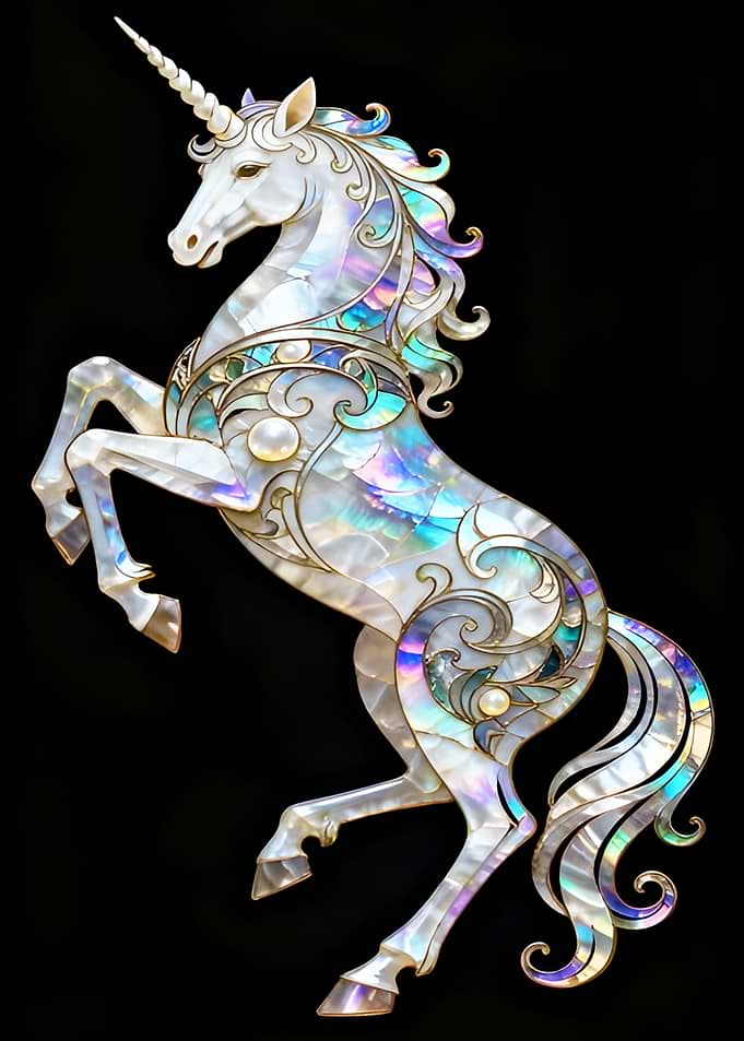 Opalescent Unicorn Rearing on Black Background